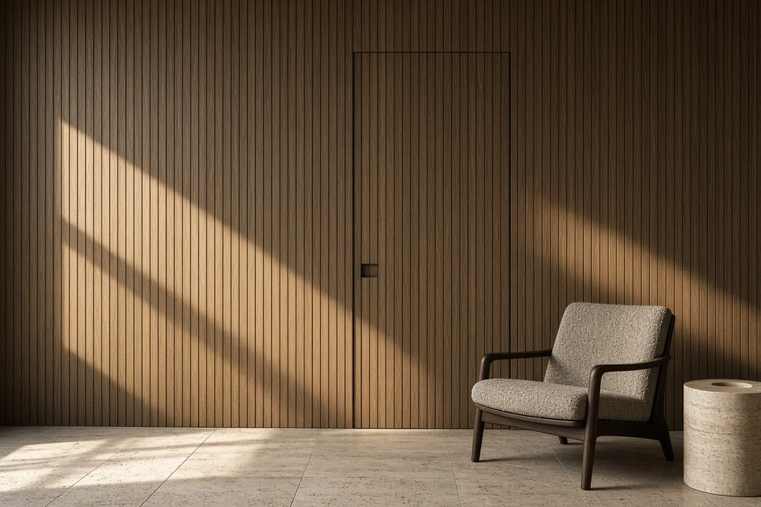 Fluted oak wall panelling with a concealed flush door