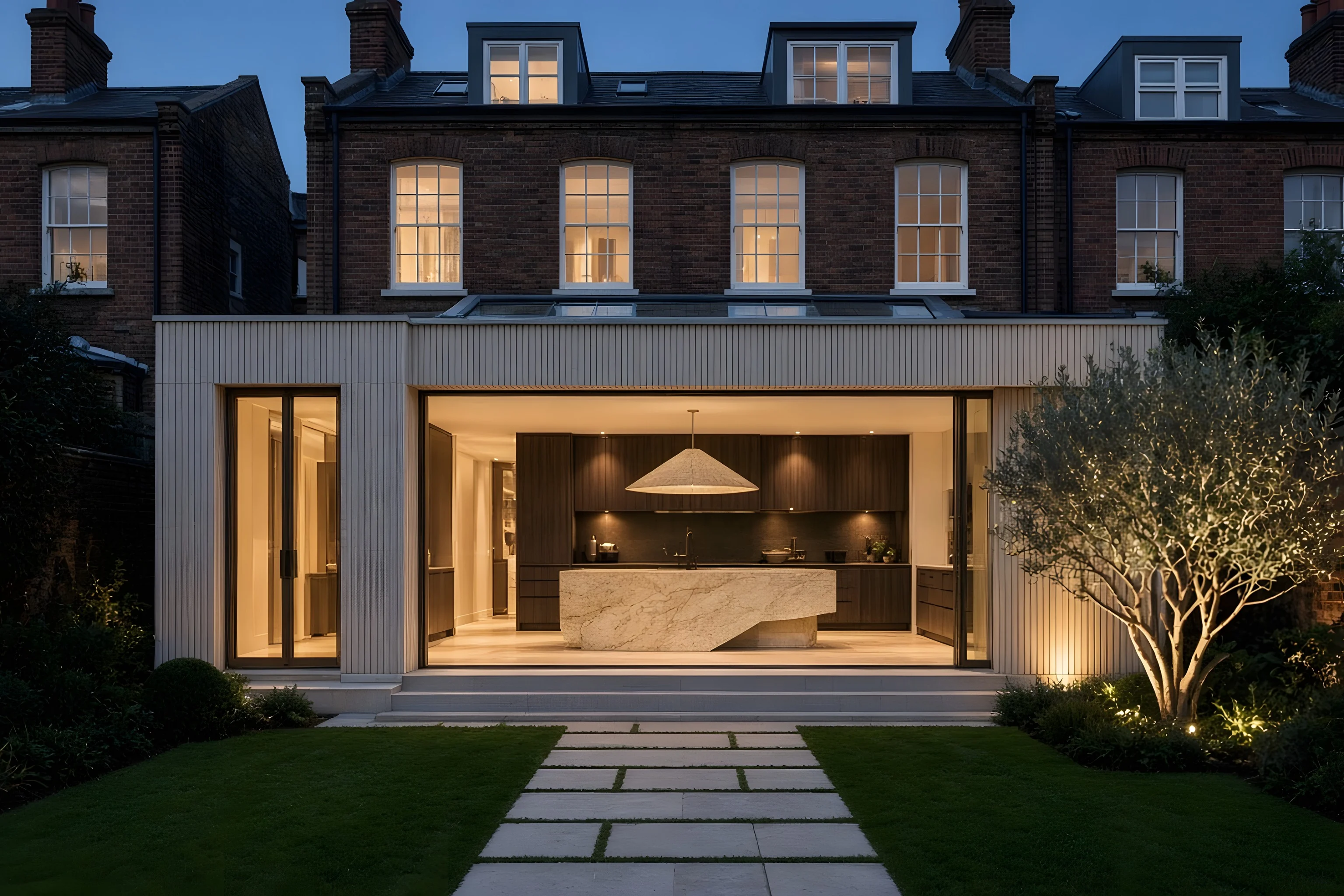 Pale rear extension on a red-brick Dublin terrace at dusk, with a wide glass opening onto the garden
