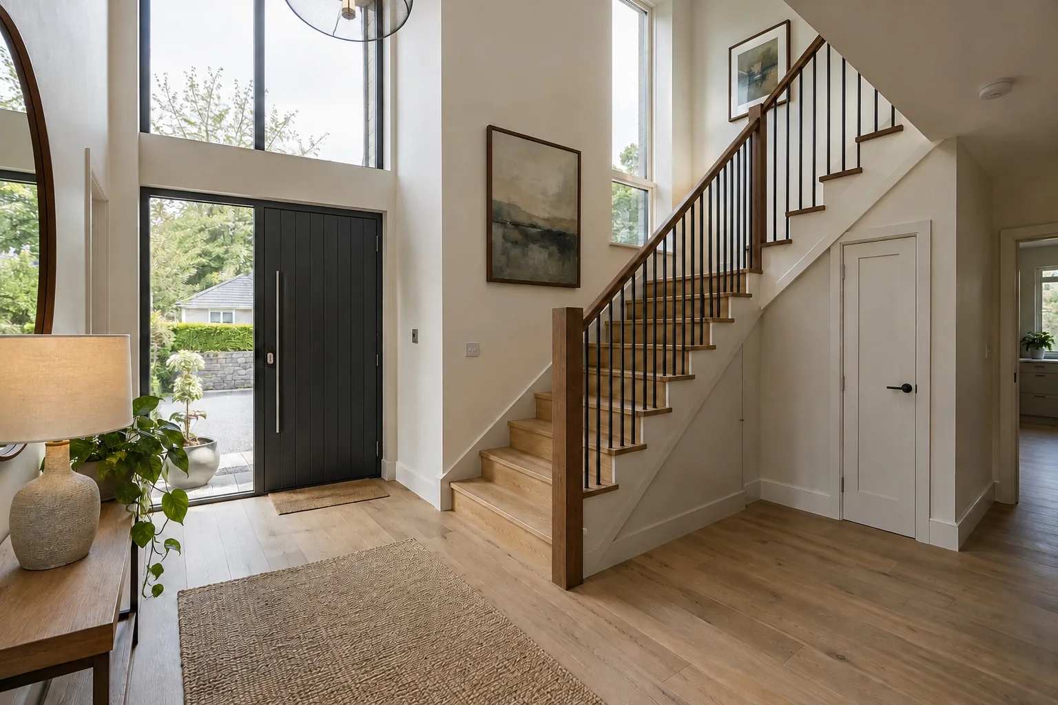 Finished entrance hall with an oak stair, ready for handover