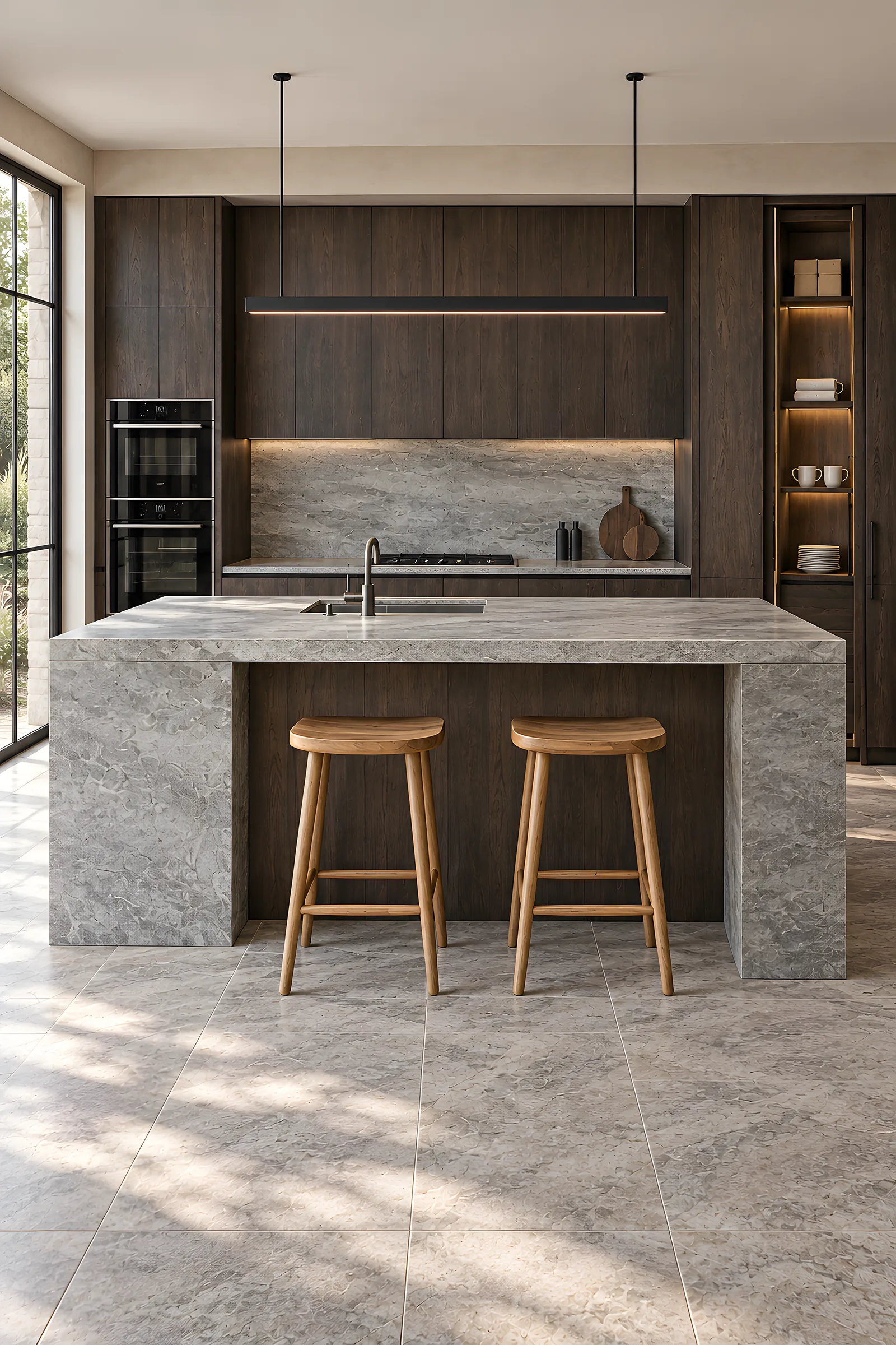 Smoked-oak kitchen with a stone island, two oak stools and illuminated larder shelves