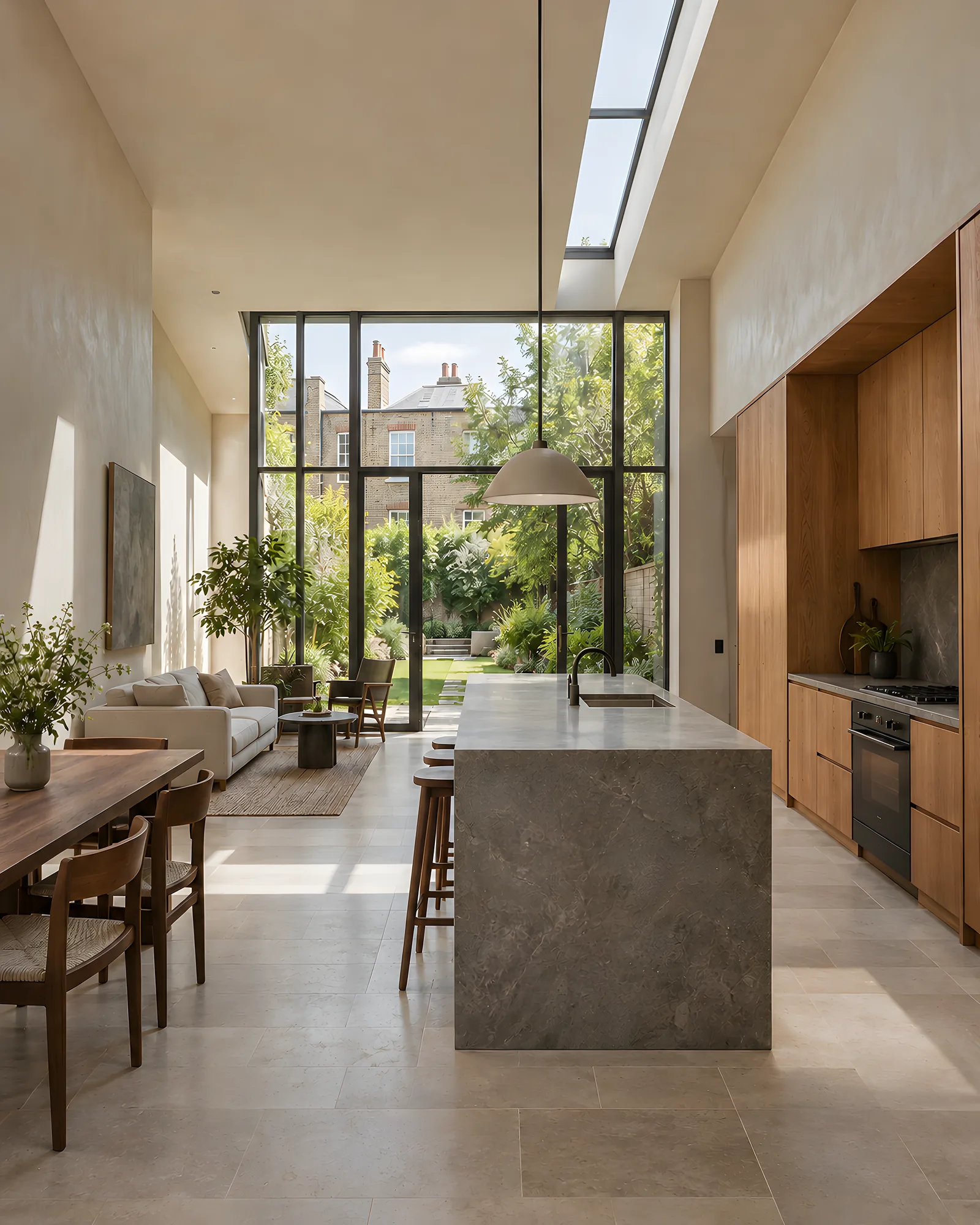 Double-height kitchen and living extension with oak joinery, a stone island and garden glazing