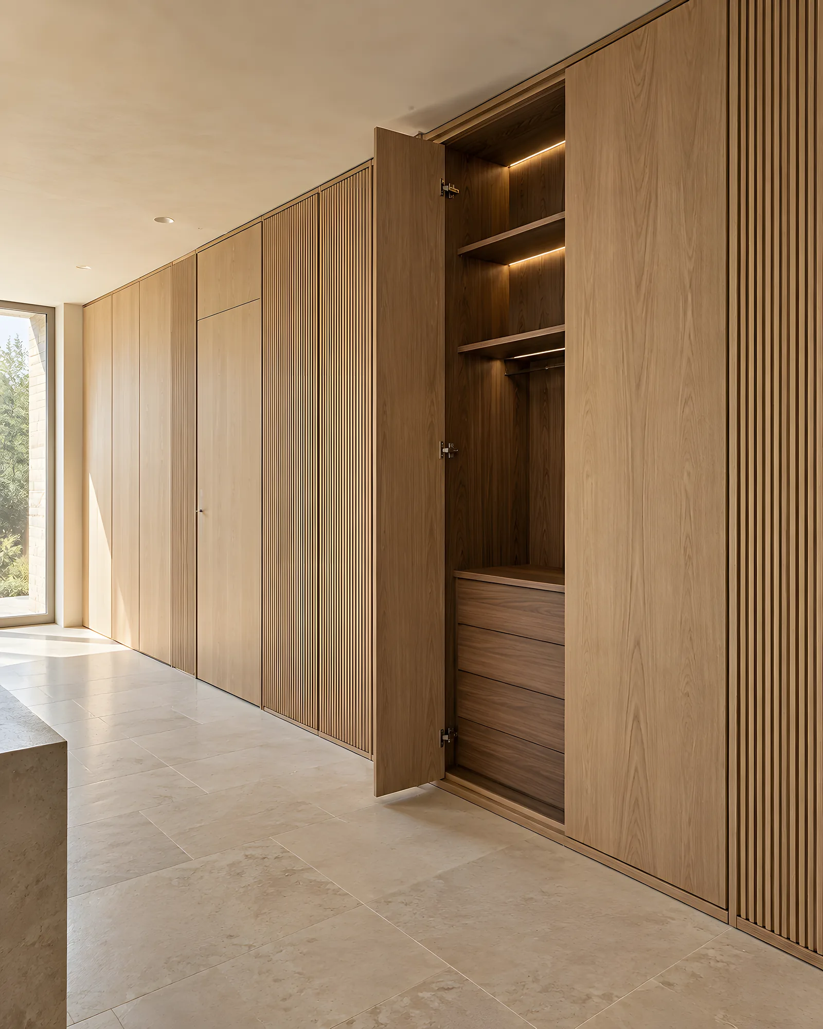 Full-height fluted oak joinery with an open, illuminated walnut storage section